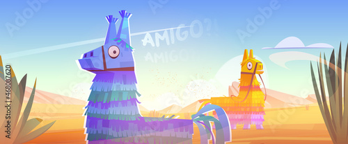 Mexican pinata donkey amigo at desert landscape with cacti, sand and rocks. Viva Mexico or cinco de mayo party, traditional Latin holiday or fiesta celebration symbols, Cartoon vector illustration