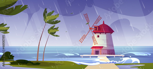Lighthouse wind mill on sea at storm, beacon windmill building at nature ocean landscape with splashing water waves and bent palm trees under dull cloudy sky and rain, Cartoon vector illustration