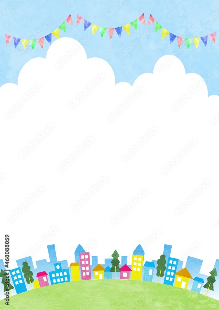 ガーランドと空と街並みのイラスト 水彩風 ガーランドと空と街並みのイラスト 水彩風