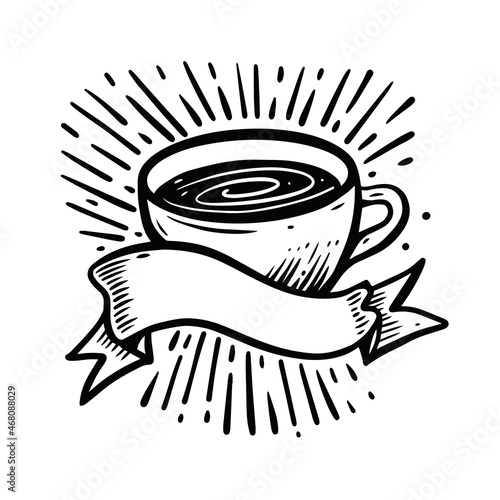 Hand drawn coffee with ribbon. Vintage vector illustration.