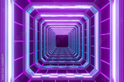 80s retro abstract technology blue purple background tunnel light. Corridor 3d rendering.