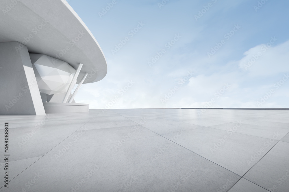 3d render of futuristic architecture with empty concrete car park. - obrazy, fototapety, plakaty 