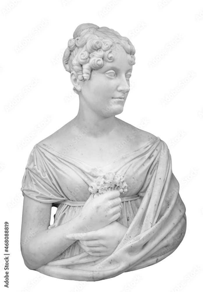 Gypsum copy of ancient statue of thinking young lady isolated on white background. Side view of plaster sculpture woman face Gypsum copy of ancient statue of thinking young lady isolated on white background. Side view of plaster sculpture woman face