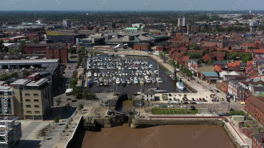 Slow aerial flight towards Hull Marina at medium height Slow aerial flight towards Hull Marina at medium height