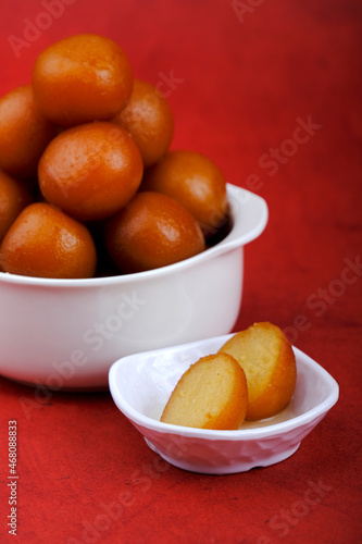 Indian Traditional Special Sweet Food Gulab Jamun, Indian Dessert or Sweet Dish, popular festival or wedding food.