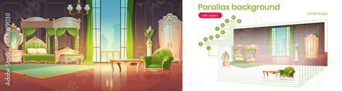 Luxury bedroom interior with furniture in baroque style. Vector parallax background for 2d animation with cartoon illustration of vintage room with canopy bed, mirror, chair and doors to balcony