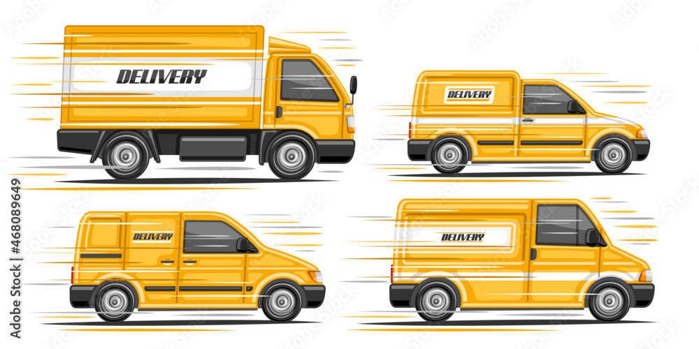 Vector set of Delivery Vans, collection of 4 cut out illustrations moving  orange commercial van with word delivery on side view, set of variety  cartoon delivery mini vans on white background. Stock