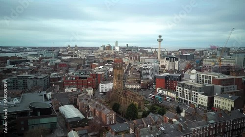 Arial shot fly toward St Luke's Bombed Out Church liverpool photo