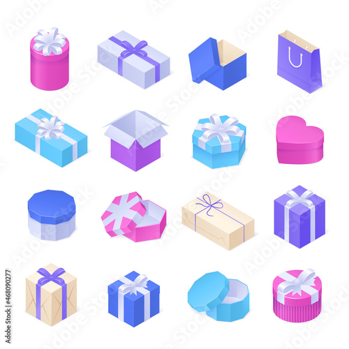 Isometric gift boxes for birthday, Christmas, Valentine day and holidays. Vector icons set of closed and open packages in shape of heart, square and circle with silver ribbon and bow