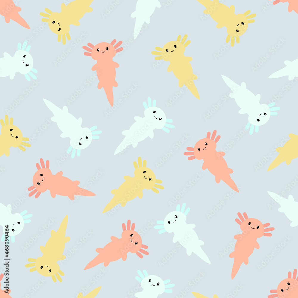 Cute cartoon axolotl. Seamless pattern. Vector. Cute cartoon axolotl. Seamless pattern. Vector.