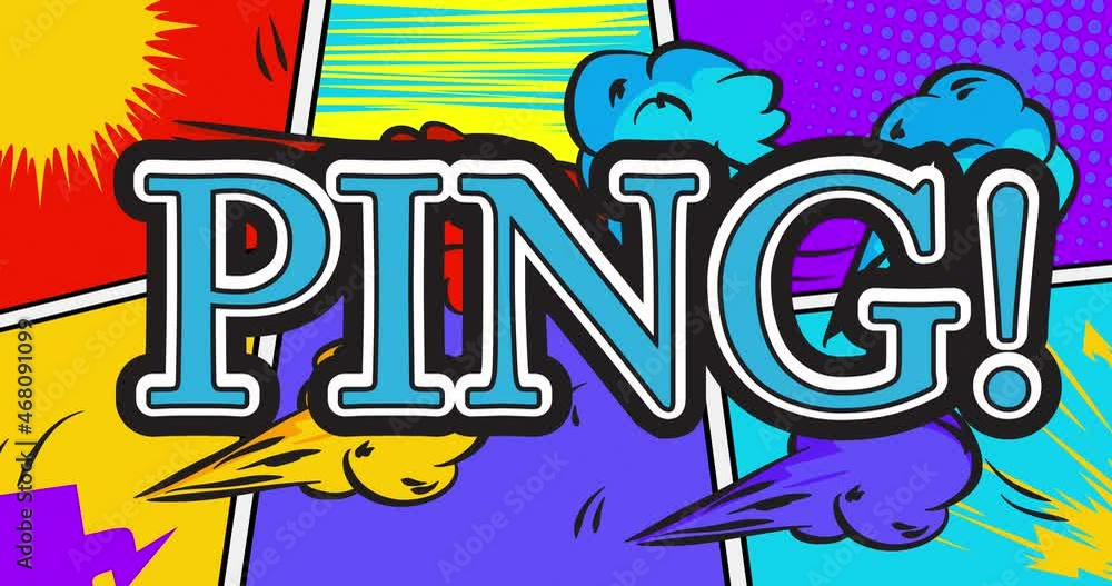 Ping. Motion poster. 4k animated Comic book word text moving on abstract comics background. Retro pop art style. Ping. Motion poster. 4k animated Comic book word text moving on abstract comics background. Retro pop art style.