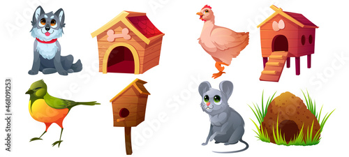 Animals with their habitats, dog and kennel, bird and birdhouse. Vector cartoon set of cute wild animals and pets with their home, chicken, nest, mouse and burrow isolated on white background