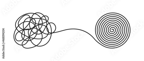 Chaos and order business concept flat style design vector illustration isolated on white background. Tangled disorder turns into spiral order line, find solution. Coaching, mentoring or psychotherapy.