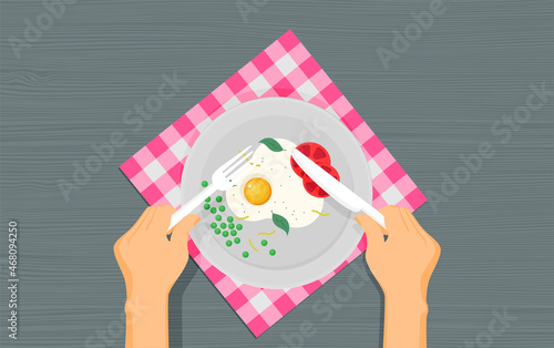 Flat vector kitchenware utensils and food on wooden worktop