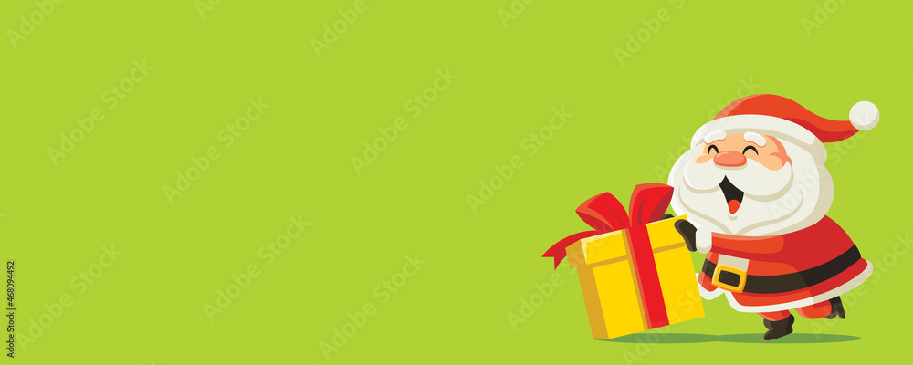 Merry Christmas banner sign design. Funny cartoon Santa Claus pushing Christmas present on blank green background. Empty space for Christmas lettering Merry Christmas banner sign design. Funny cartoon Santa Claus pushing Christmas present on blank green background. Empty space for Christmas lettering