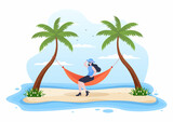 People Lying on Hammock in Beach Swing Flat Cartoon Vector Illustration. Summer Vacation Outdoor Picnic Between Coconut or Palm Tree