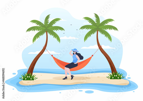 People Lying on Hammock in Beach Swing Flat Cartoon Vector Illustration. Summer Vacation Outdoor Picnic Between Coconut or Palm Tree