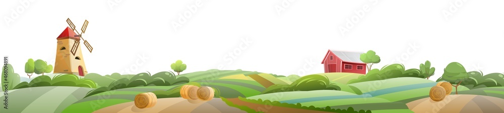 Summer farm landscape. Isolated on white background. Garden and rolling hills. Rural scenery. Fields, windmill and barn. Cute funny cartoon design illustration. Flat style. Vector. Summer farm landscape. Isolated on white background. Garden and rolling hills. Rural scenery. Fields, windmill and barn. Cute funny cartoon design illustration. Flat style. Vector.