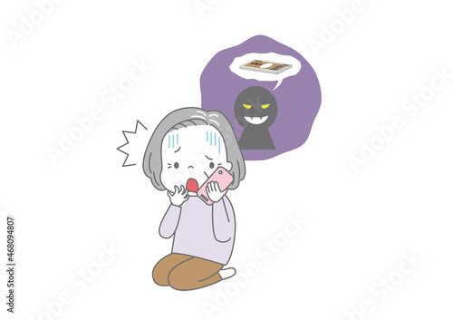 振り込め詐欺　電話を持って慌てる高齢女性