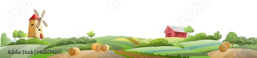 Summer farm landscape. Isolated on white background. Garden and rolling hills. Rural scenery. Fields, windmill and barn. Cute funny cartoon design illustration. Flat style. Vector.