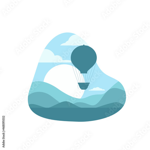 Flat illustration blue silhouette of vintage hot air balloon in the sky, sunrise and hills. Aerostat on landscape background. Vector image of balloon with baskets for stickers and postcards.