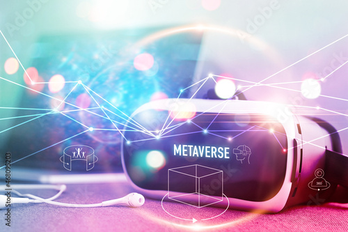 Metaverse technology concept, VR virtual reality goggle on colorful background, Metaverse Visualization simulation, 3D, AR, VR, Innovation of futuristic.