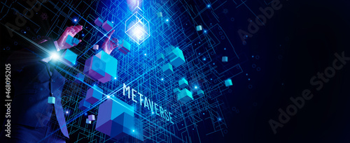 Businessman explore metaverse technology with blockchain network connecting. Computer generated environment between user interface and augmented reality and virtual reality on social media platform.