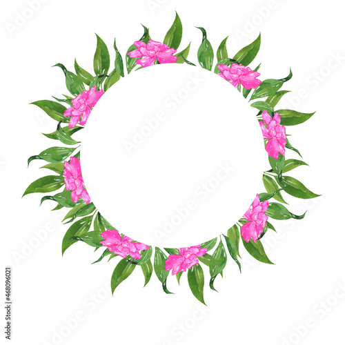 Pink flowers and green leaves round border. Hand drawn watercolor illustration.