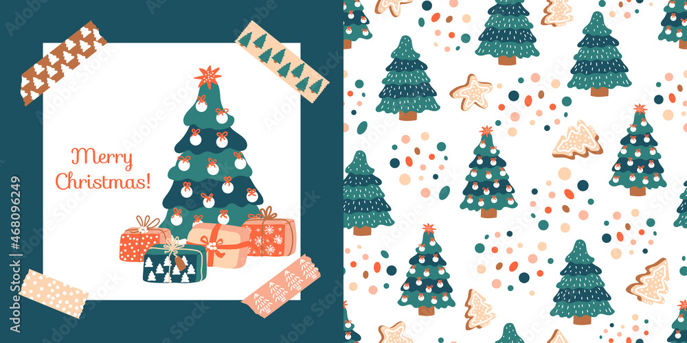 Merry Christmas! Postcard with gift boxes, spruce and washi tapes. Vector pattern with firs, gingerbread and confetti. Ideal for design of fabric, cards, wrapping paper for Happy New year