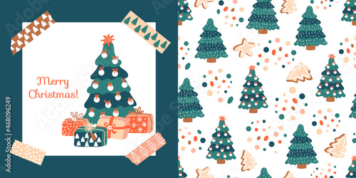 Merry Christmas  Postcard with gift boxes  spruce and washi tapes. Vector pattern with firs  gingerbread and confetti. Ideal for design of fabric  cards  wrapping paper for Happy New year