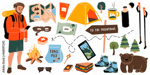 Bundle hiking. Vector set of items for camping- tent, thermos, first aid kit, trekking poles. A guy with backpack and smartphone. Travel equipment  for adventure to the mountains