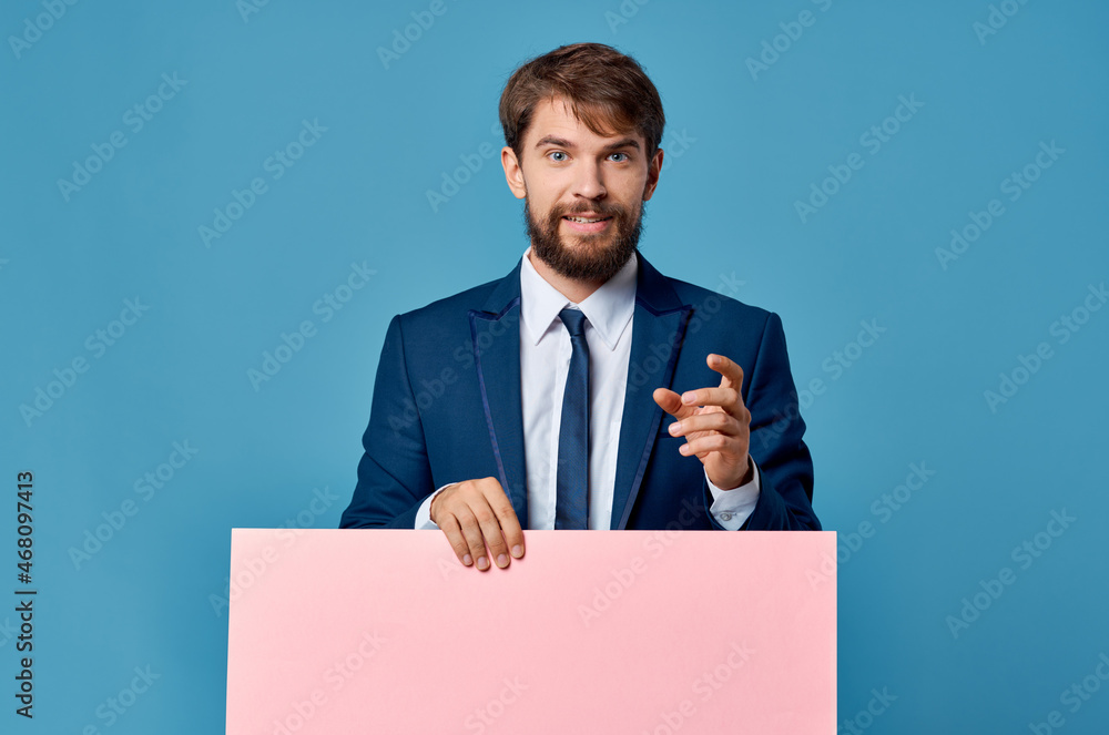 bearded man advertising banner presentation blue background bearded man advertising banner presentation blue background