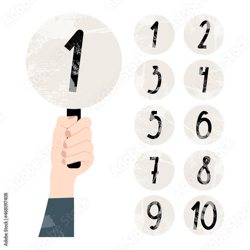 Hand holding nameplate with amount of scores. Card with number, point, score from 1 to 10. Judges' assessments. Vector flat cartoon illustration. Round plate for vote, contest, feedback