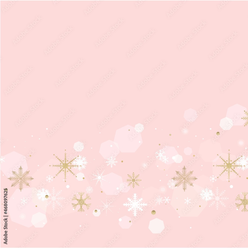 ポップでかわいい白とゴールドの雪の結晶ベクターイラストピンク色壁紙背景素材
