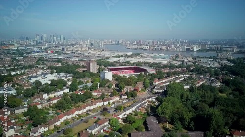 Arial Shot fast tracking of The Valley Stadium Charlton Athletic Football Club with London and themes river in the background photo