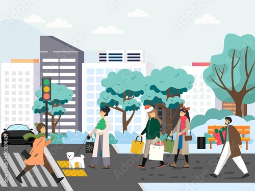 People going shopping for gifts, preparing for New Year and Christmas holidays celebration, flat vector illustration.