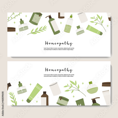 Homeopathy, naturopathy. Complementary, alternative, integrative, holistic medicine. Natural organic herb. Apothecary bottle. Vector flat cartoon illustration. Landing page, banner design, flyer