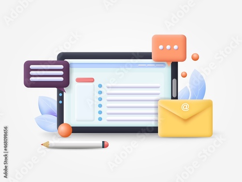 Online communication via email, live chat, social networks, instant messaging, vector illustration. 3D digital tablet with email service and mail envelope. Message and notification icons