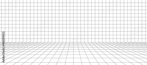 3d wireframe grid room. 3d perspective laser grid. Cyberspace white background with black mesh. Futuristic digital hallway space in virtual reality. Vector illustration.