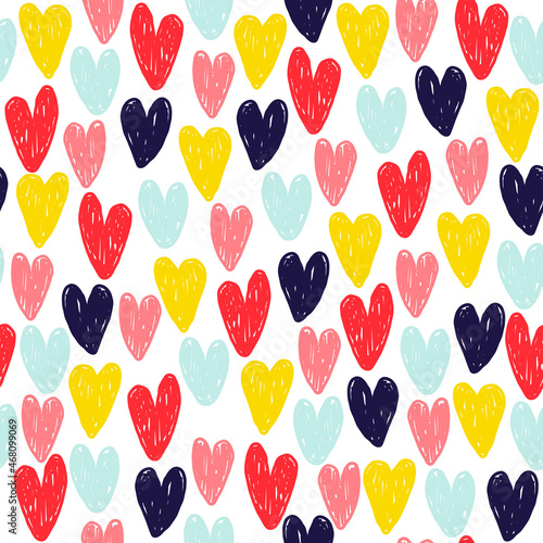 Seamless pattern with doodle hearts. Cute print. Vector hand drawn illustration. 