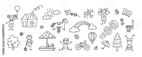 Funny kids and children playground. Swing, slide, teeter and sandbox in doodle style. Kid drawing of house, rainbow,tree. Hand drawn vector illustration on white background. Editable stroke.