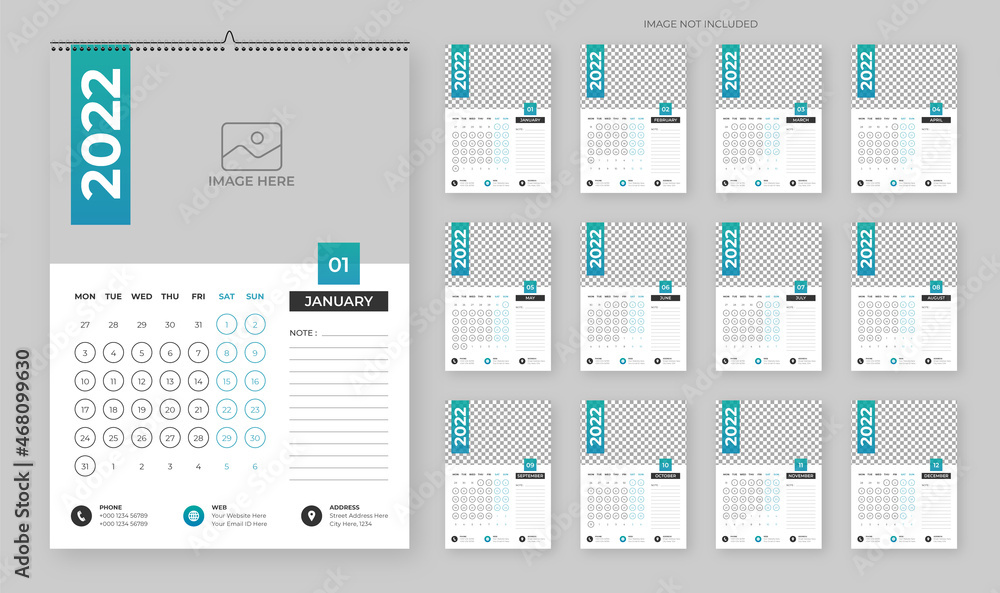 2022 Multi page wall calendar design template, modern 12 months one-page calendar 2022 Multi page wall calendar design template, modern 12 months one-page calendar