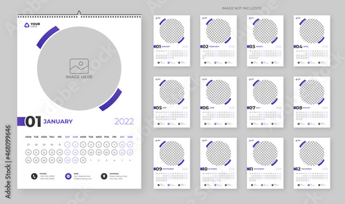 Wall Monthly Photo Calendar 2022. Simple monthly vertical photo calendar Layout for 2022 year in English. Cover Calendar, 12 months templates. Week starts from Monday. Vector illustration