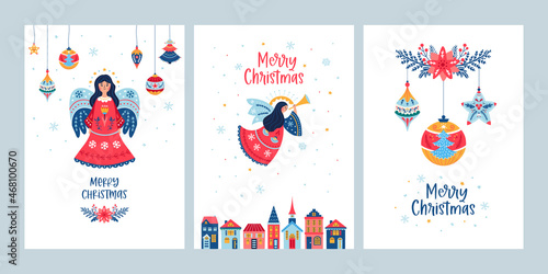 Christmas cards vector set of angel balls village