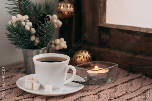 Wallpaper Mural a cup of coffee with white berries, spruce branches, a garland and marshmallows Torontodigital.ca