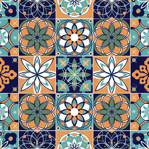 Seamless pattern with with Portuguese tiles. Vector illustration of Azulejo on white background. Mediterranean style. Multicolor design.