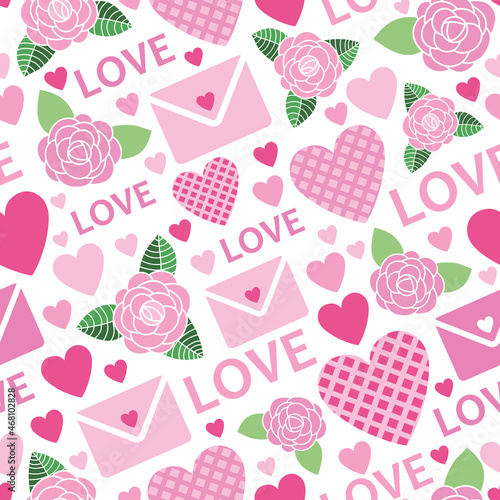 Seamless vector pattern for Valentine - pink hearts, roses, love letters