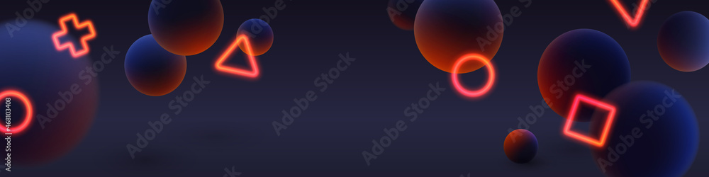 Banner with dark blue balls and Red, yellow, gold, golden neon circle, square, cross, triangle on black background. Vector illustration for postcard, banner, cards, web, design, advertising. Banner with dark blue balls and Red, yellow, gold, golden neon circle, square, cross, triangle on black background. Vector illustration for postcard, banner, cards, web, design, advertising.