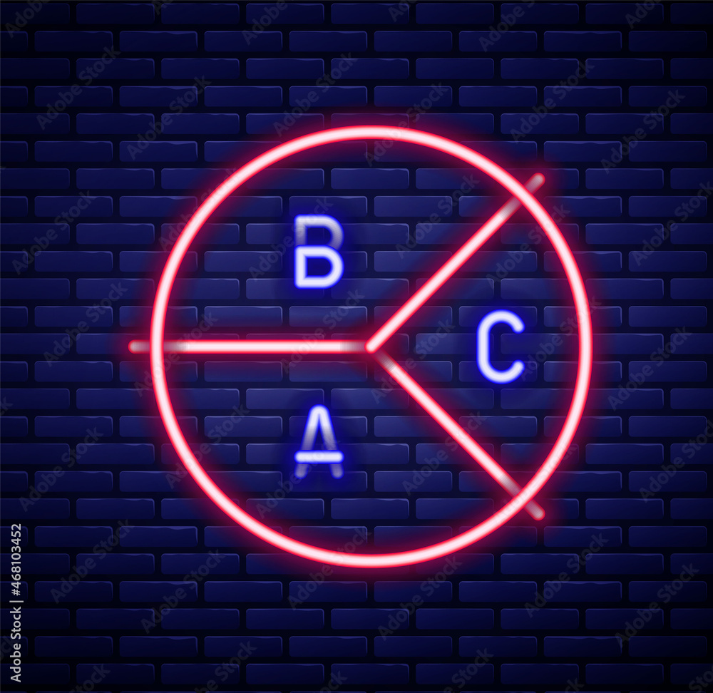 Glowing neon line Pie chart infographic icon isolated on brick wall background. Diagram chart sign. Colorful outline concept. Vector Glowing neon line Pie chart infographic icon isolated on brick wall background. Diagram chart sign. Colorful outline concept. Vector