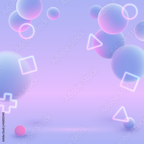Blue balls and pink, purple lights  neon circle, square, cross, triangle on black background. Vector illustration for postcard, banner, cards, web, design, advertising.